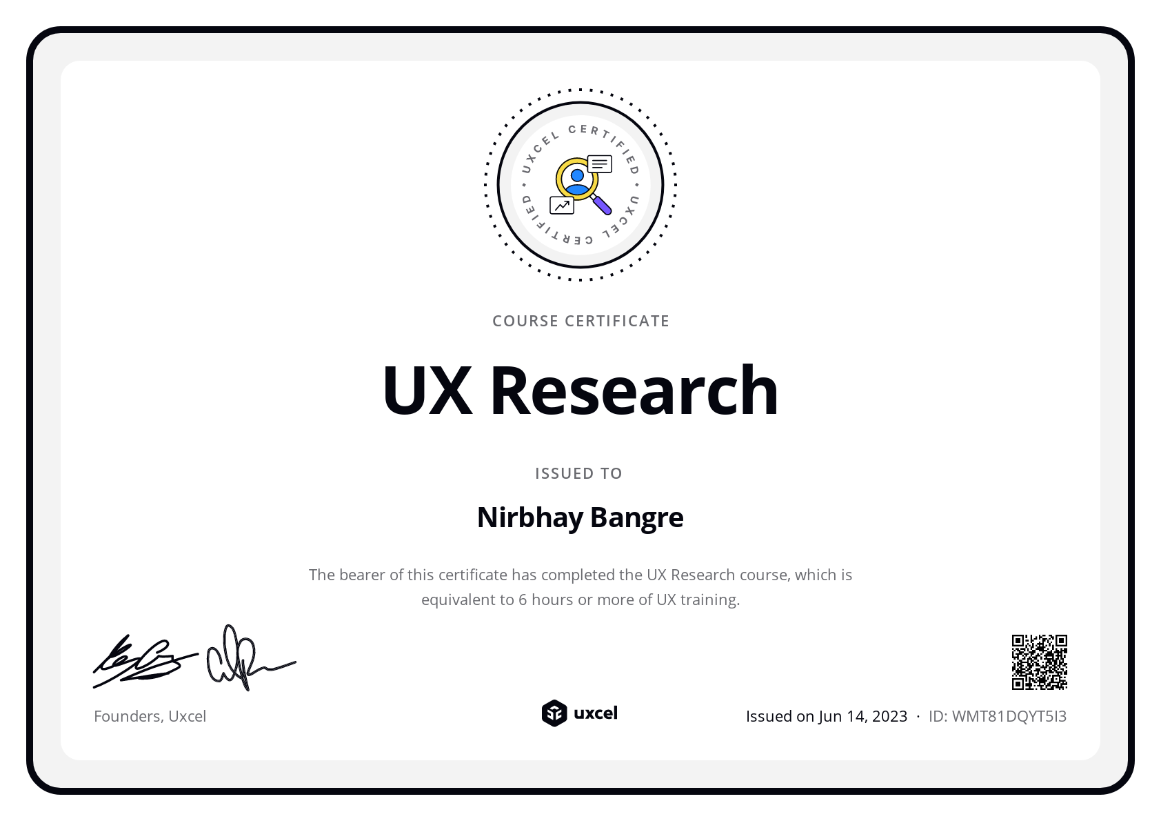 Nirbhay Bangre's certificate